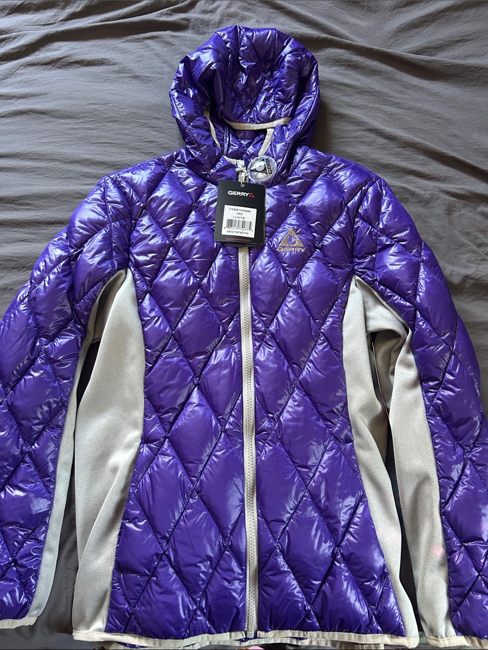Gerry Weber Shiny Iris Purple Down Jacket Hooded Jacket with Gray Trim
